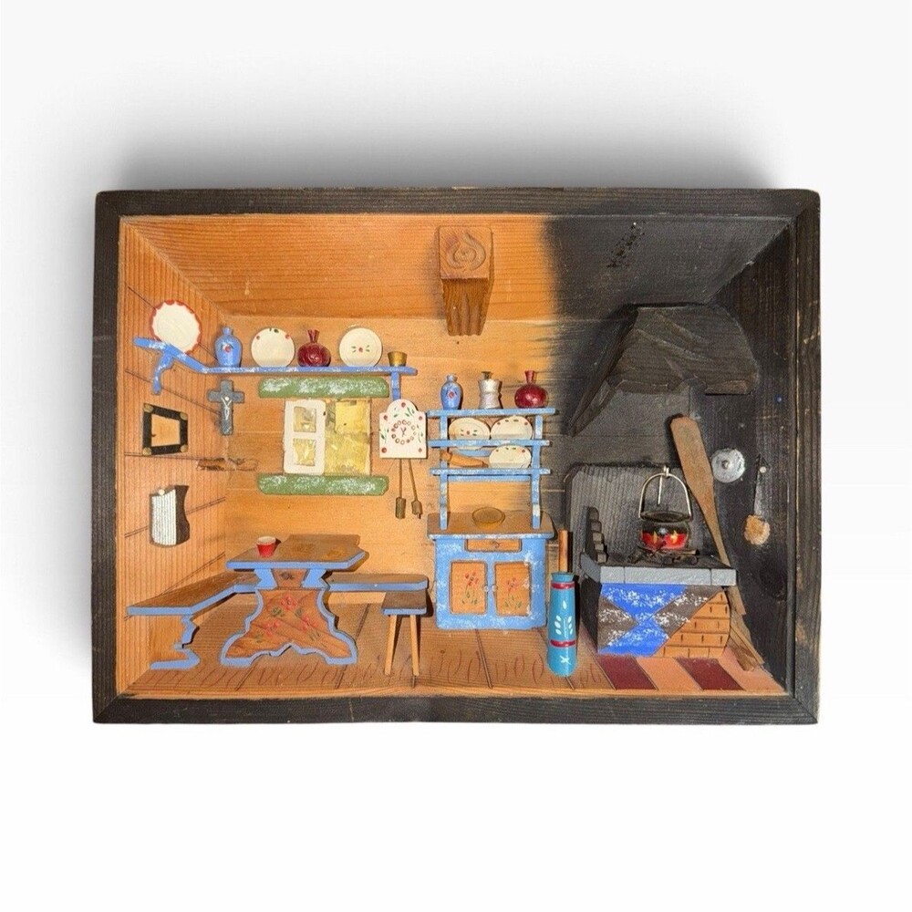 Vtg Alpine Wooden Kitchen Diorama 3D Shadow Box Hand Carved Painted Folk Art
